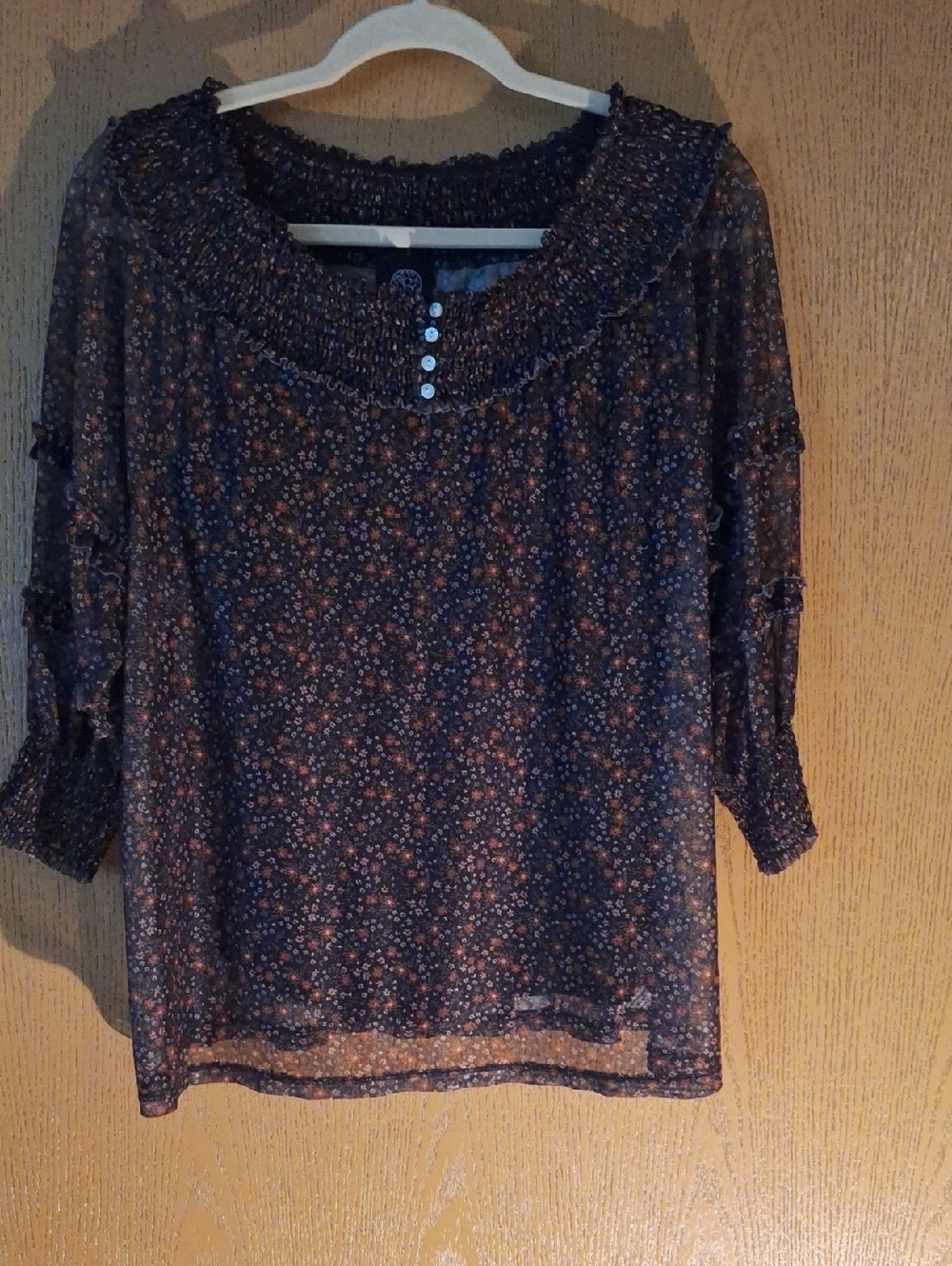 bobeau Navy Floral Smocked-Neck Blouse with Buttons